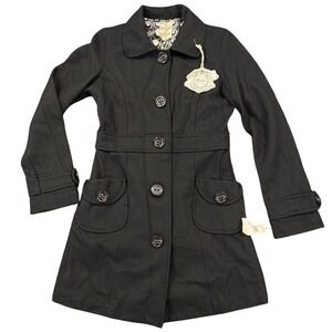 New Tulle Black Wool Blend Coat Jacket Trench Style Fitted Small S Button Front